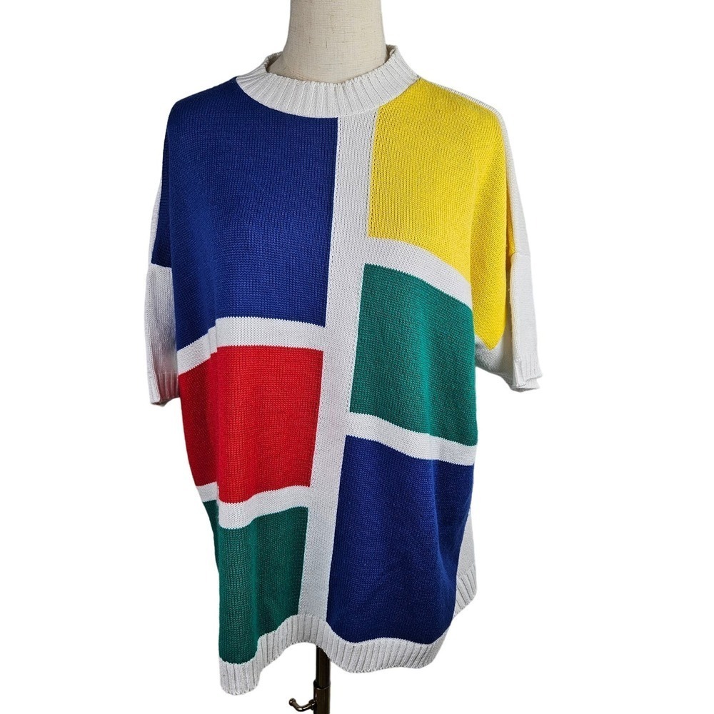 Vintage‎ Color Block Short Sleeve Sweater Top XL? Red Blue Yellow White Green